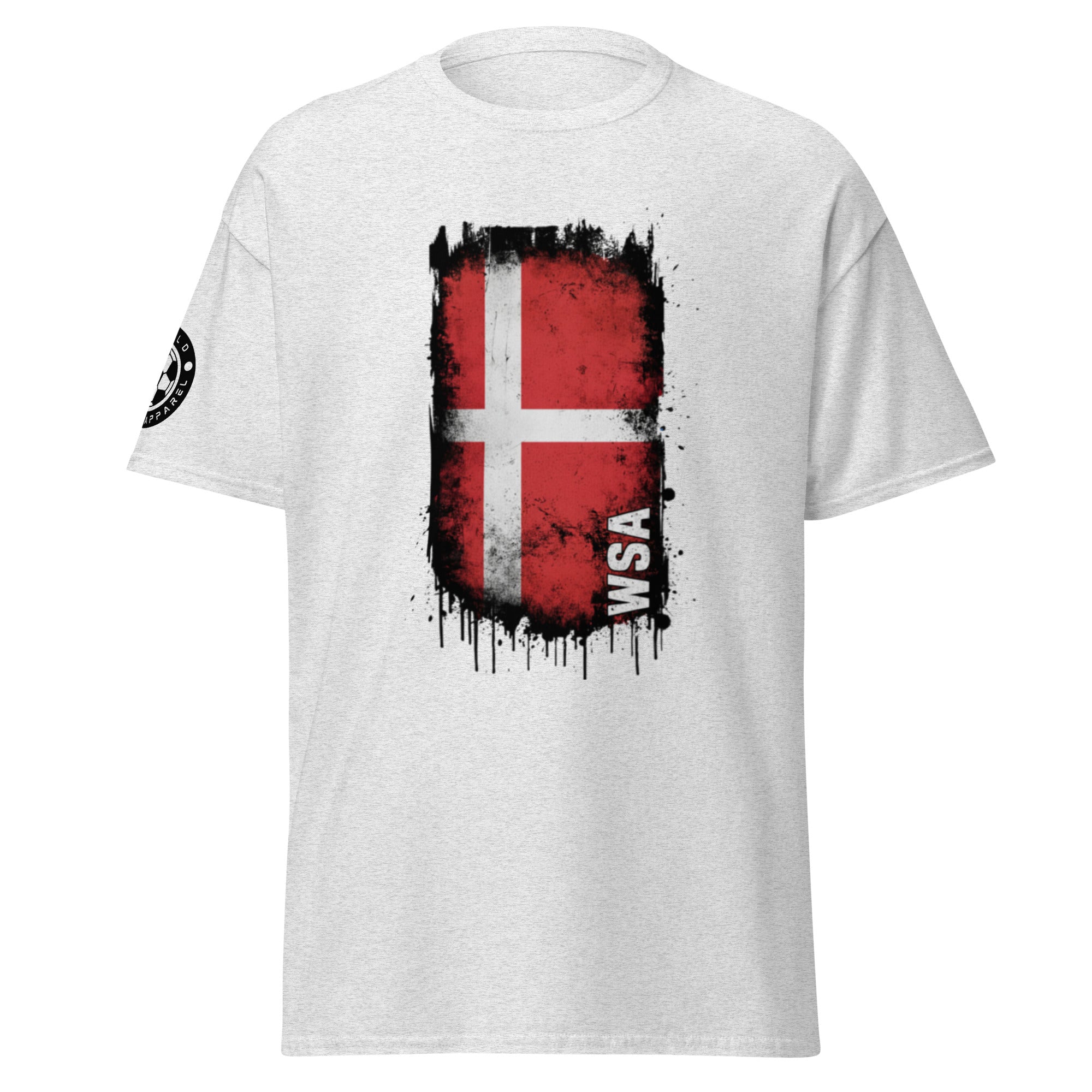 White t-shirt with a Danish flag design and 'WSA' text on a white background