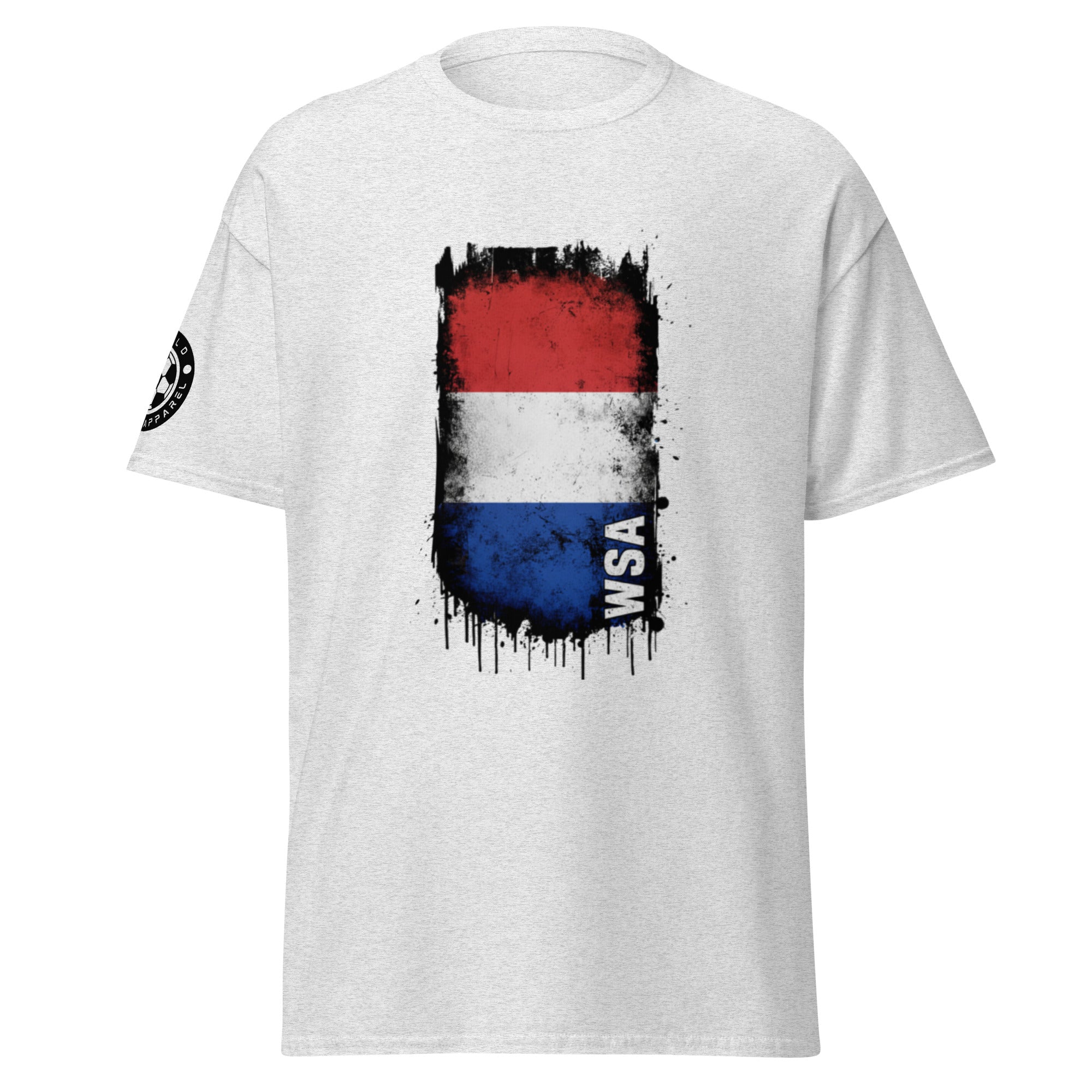 White t-shirt with a colorful graphic design on a white background