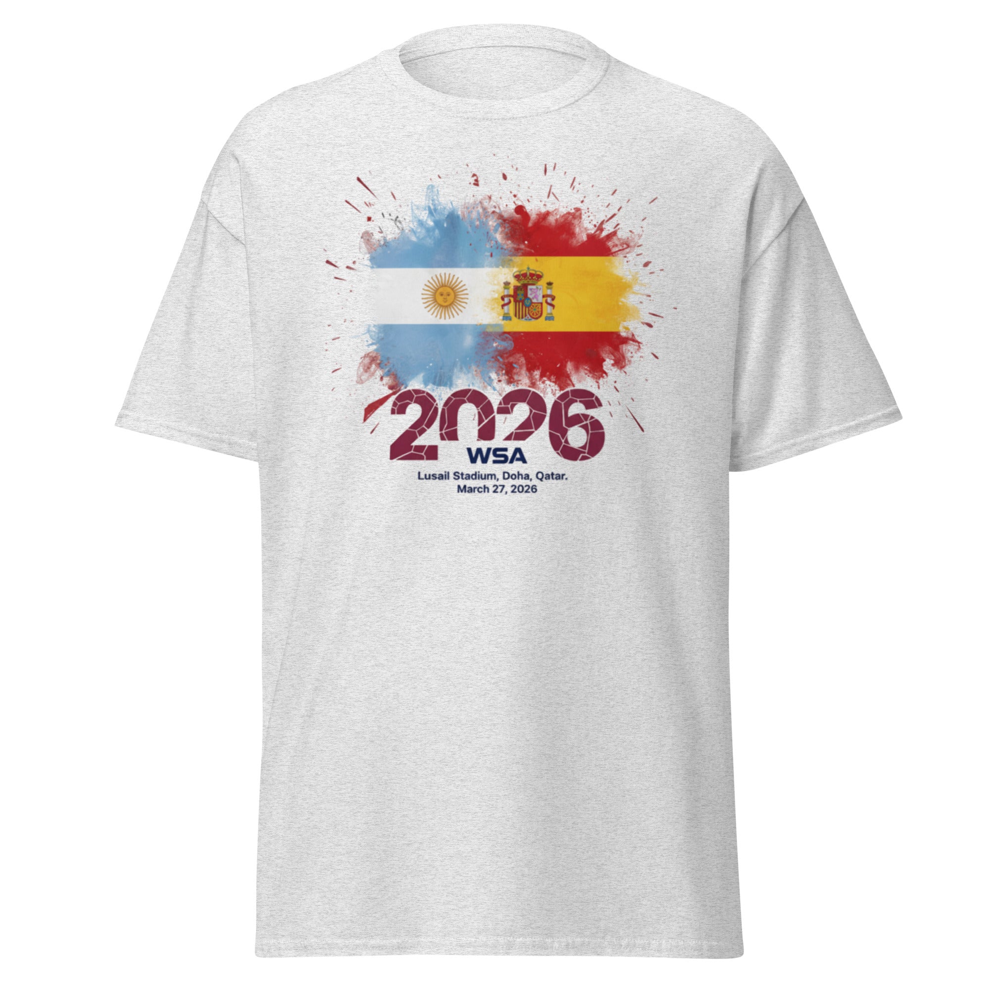 White t-shirt with colorful design and text on a white background