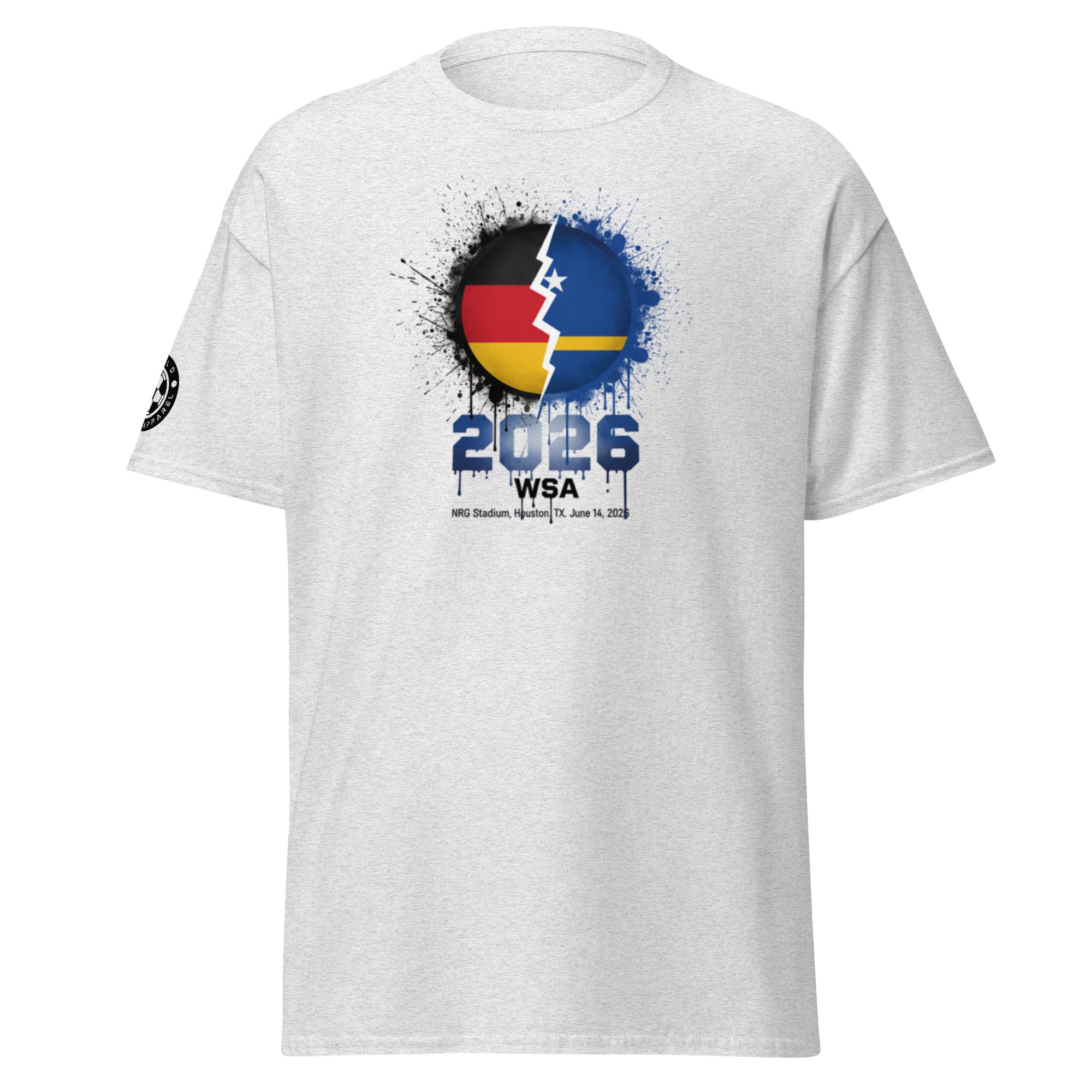 White t-shirt with a colorful graphic design and text on a white background