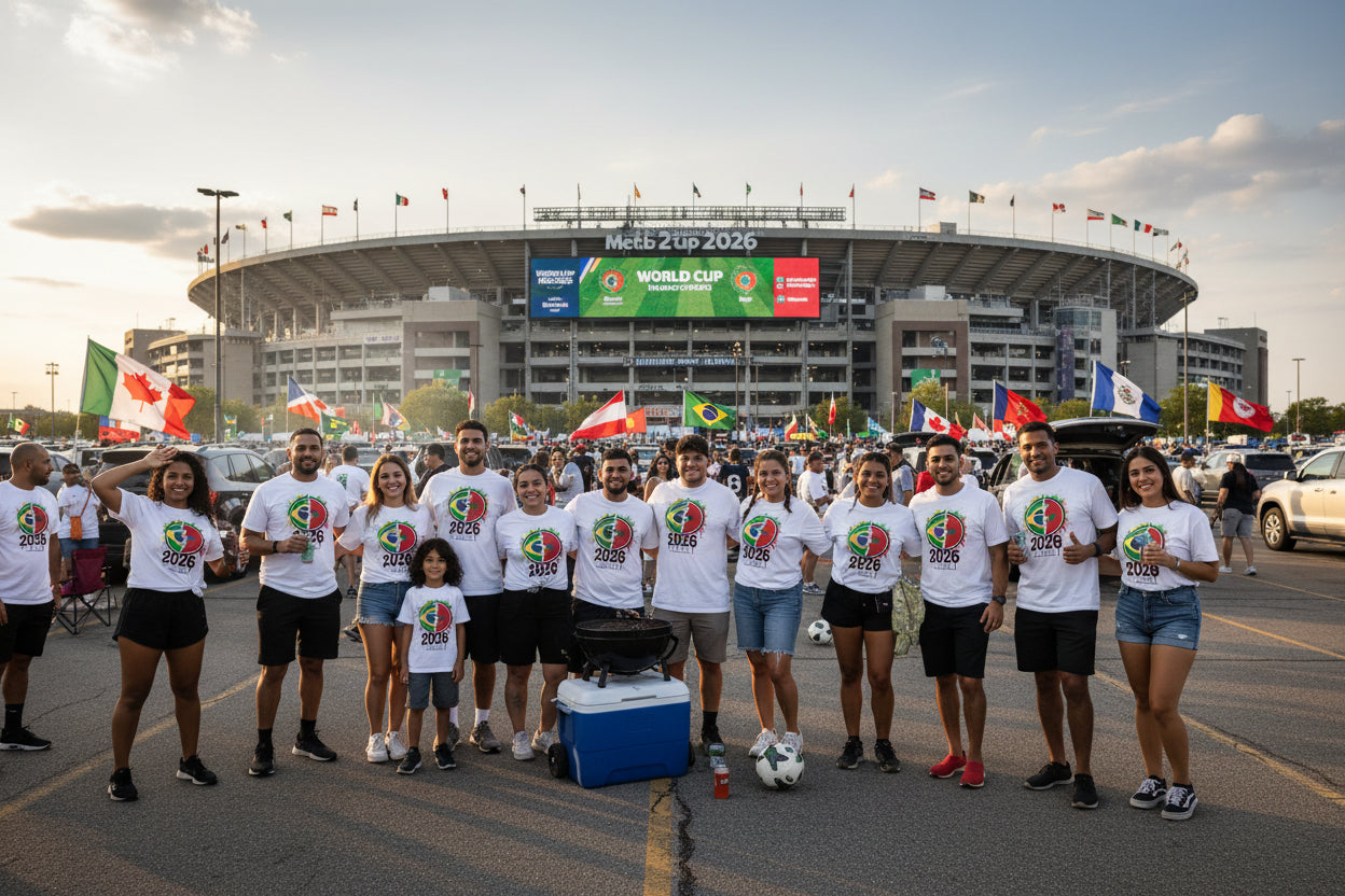 White t-shirt with a colorful graphic design featuring numbers '2026' and two flags on a white background.