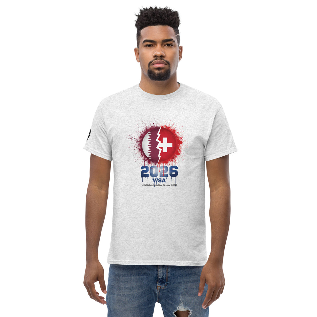 Man wearing a white t-shirt with a graphic design on a white background