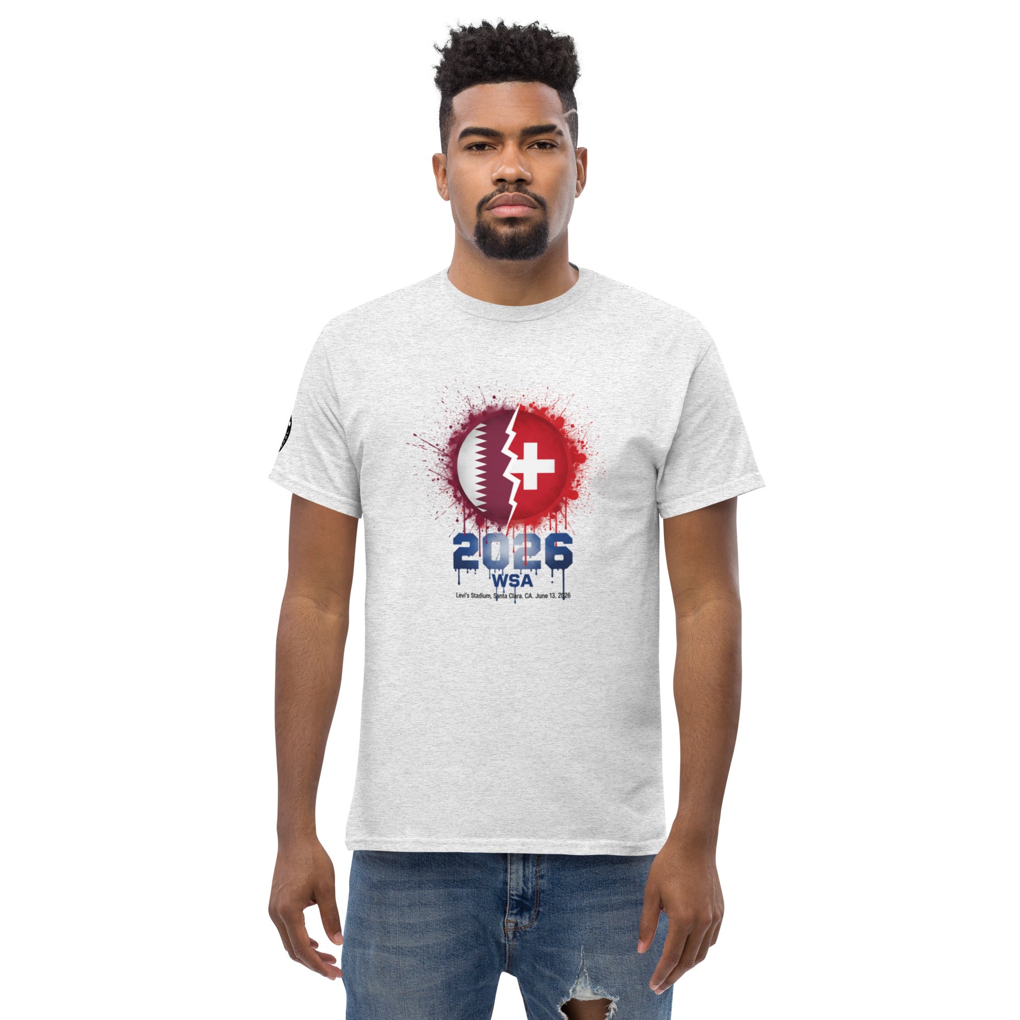 Man wearing a white t-shirt with a graphic design on a white background
