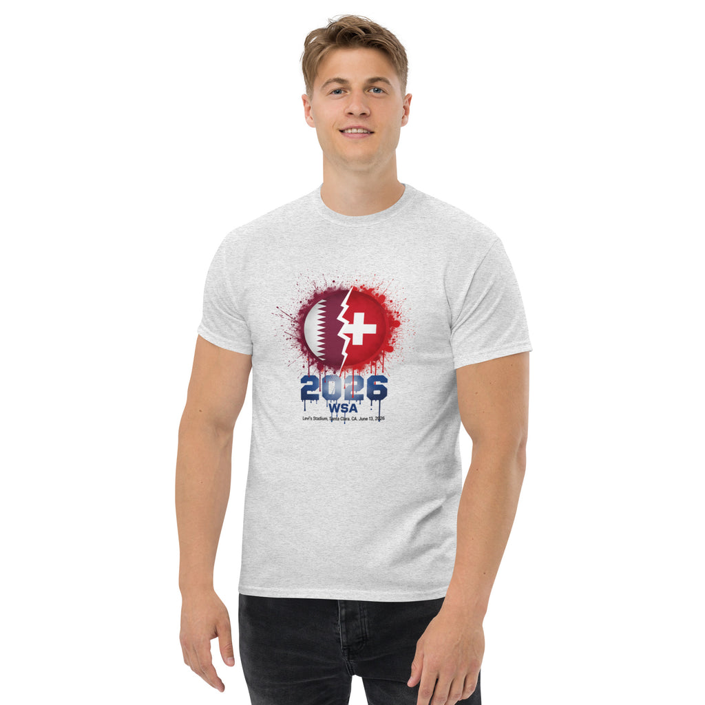 Person wearing a white t-shirt with a red and blue design on a white background