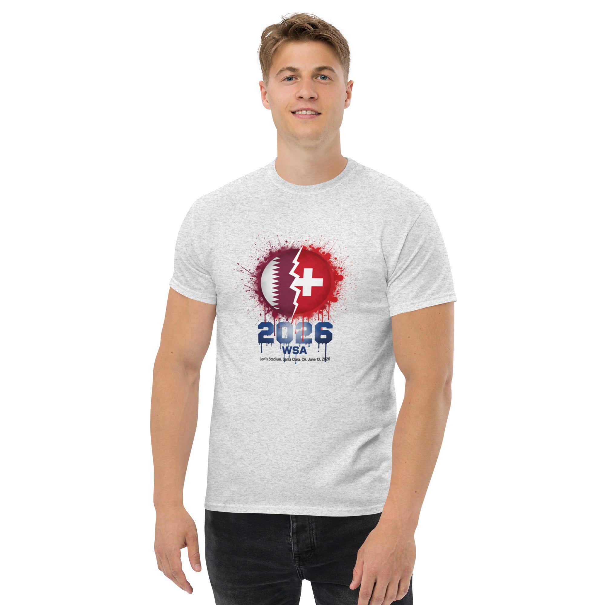Person wearing a white t-shirt with a red and blue design on a white background