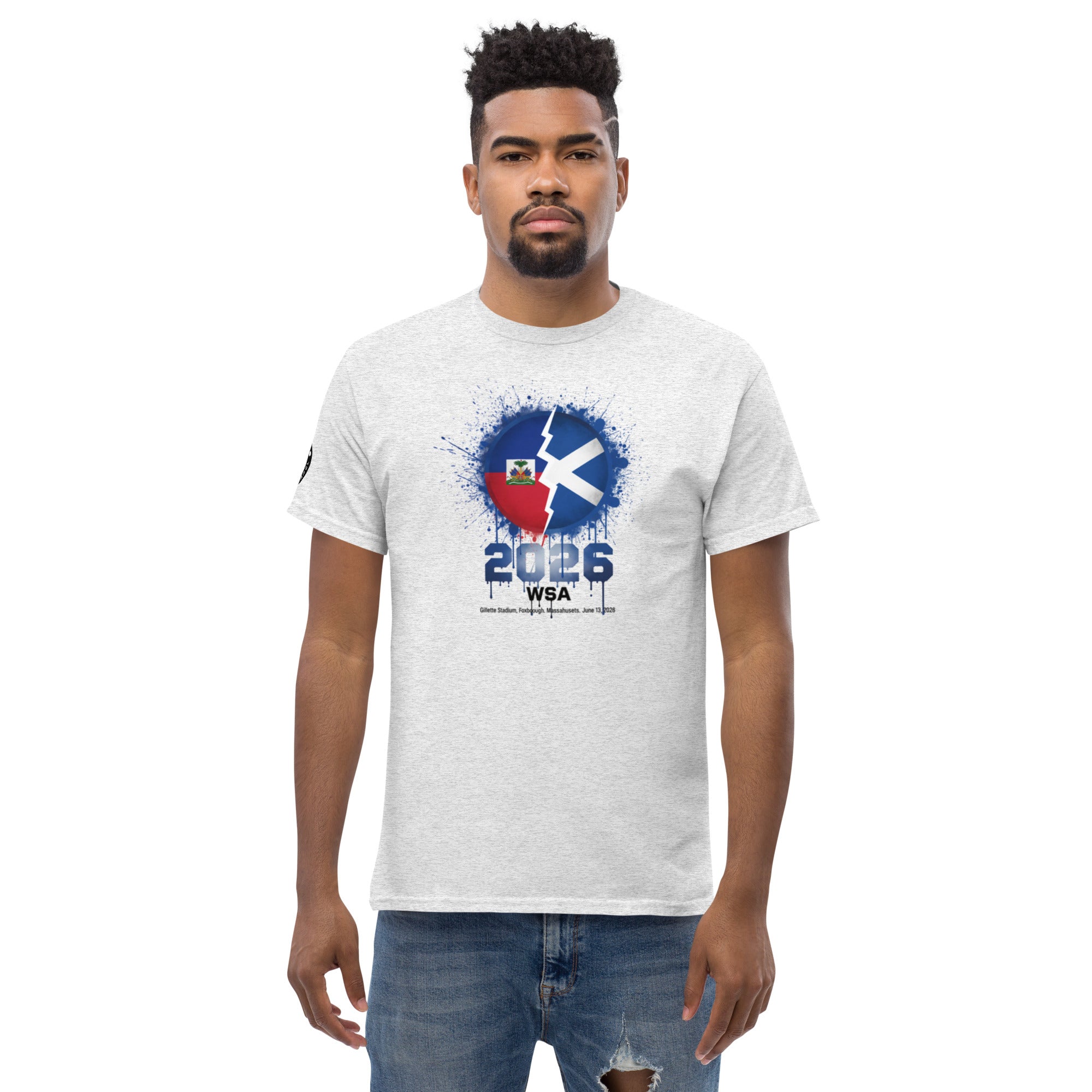 Man wearing a white t-shirt with a graphic design and text on a white background