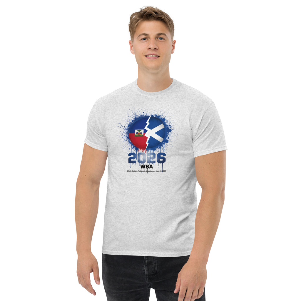 Person wearing a white t-shirt with a graphic design on a white background