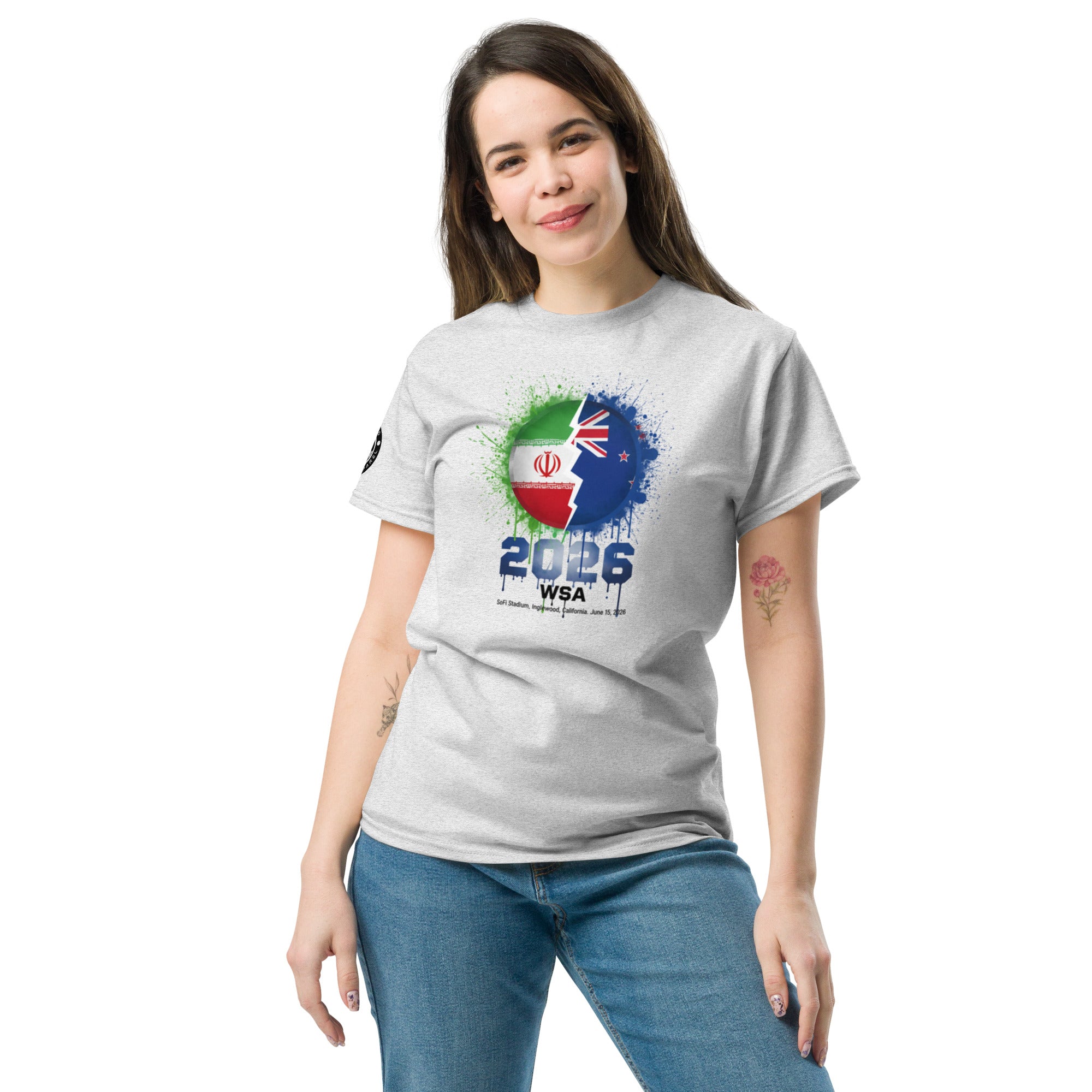 Woman wearing a white t-shirt with a colorful design and text on a white background