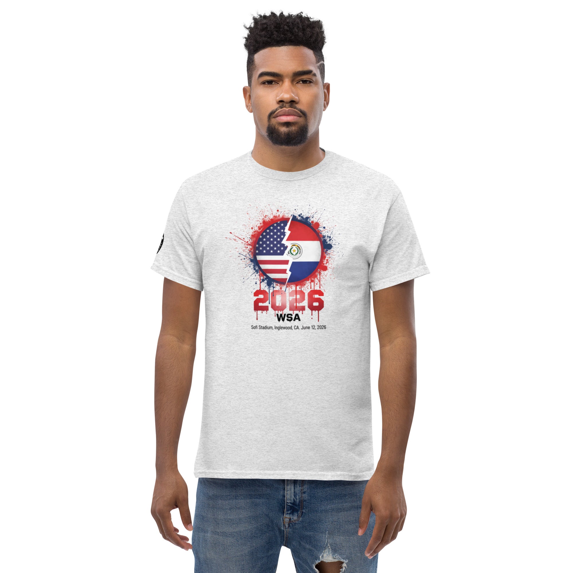 Man wearing a white t-shirt with a colorful graphic design on a white background
