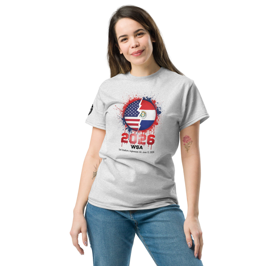 Woman wearing a gray t-shirt with a colorful design and text on a white background