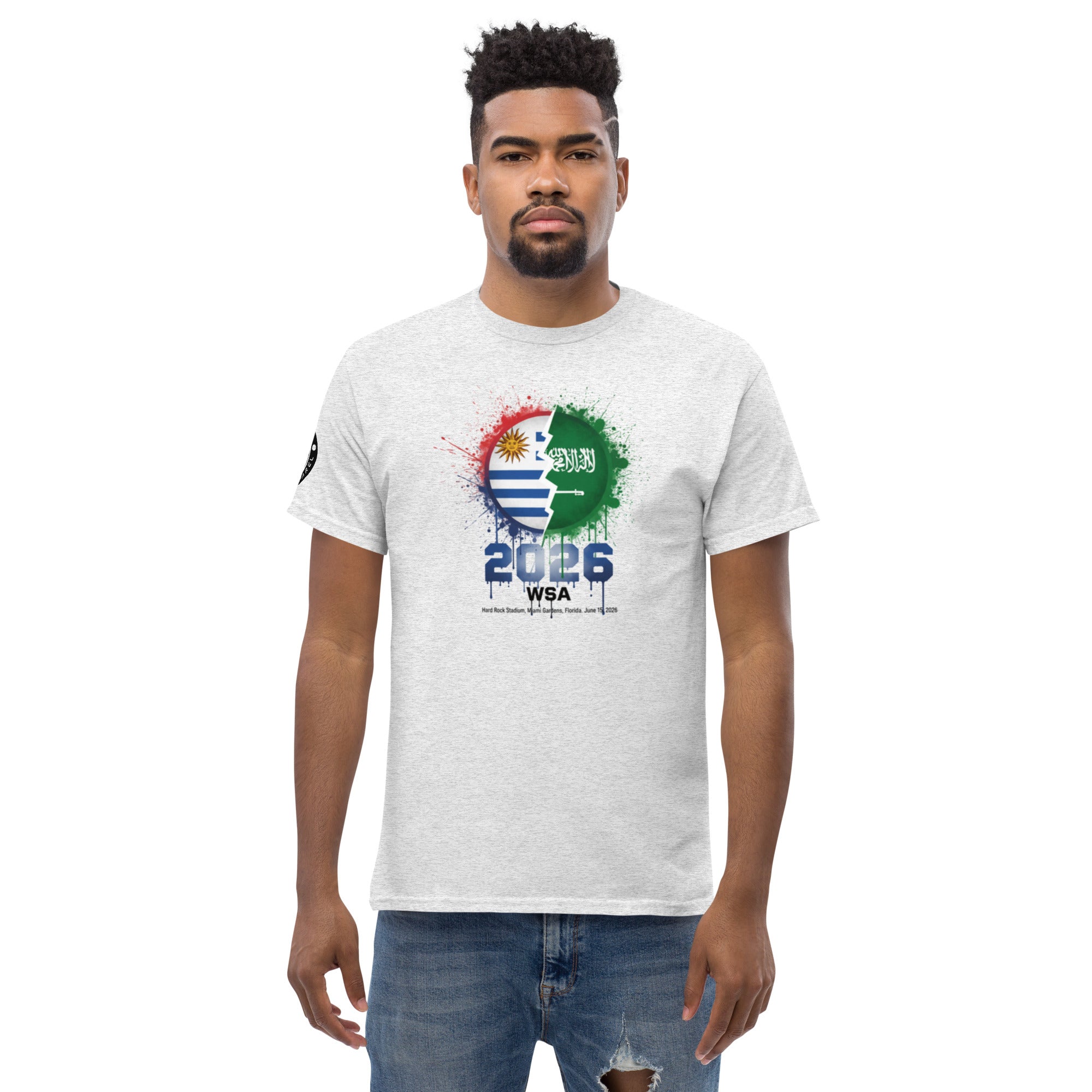 Man wearing a white t-shirt with a colorful design and text on a white background