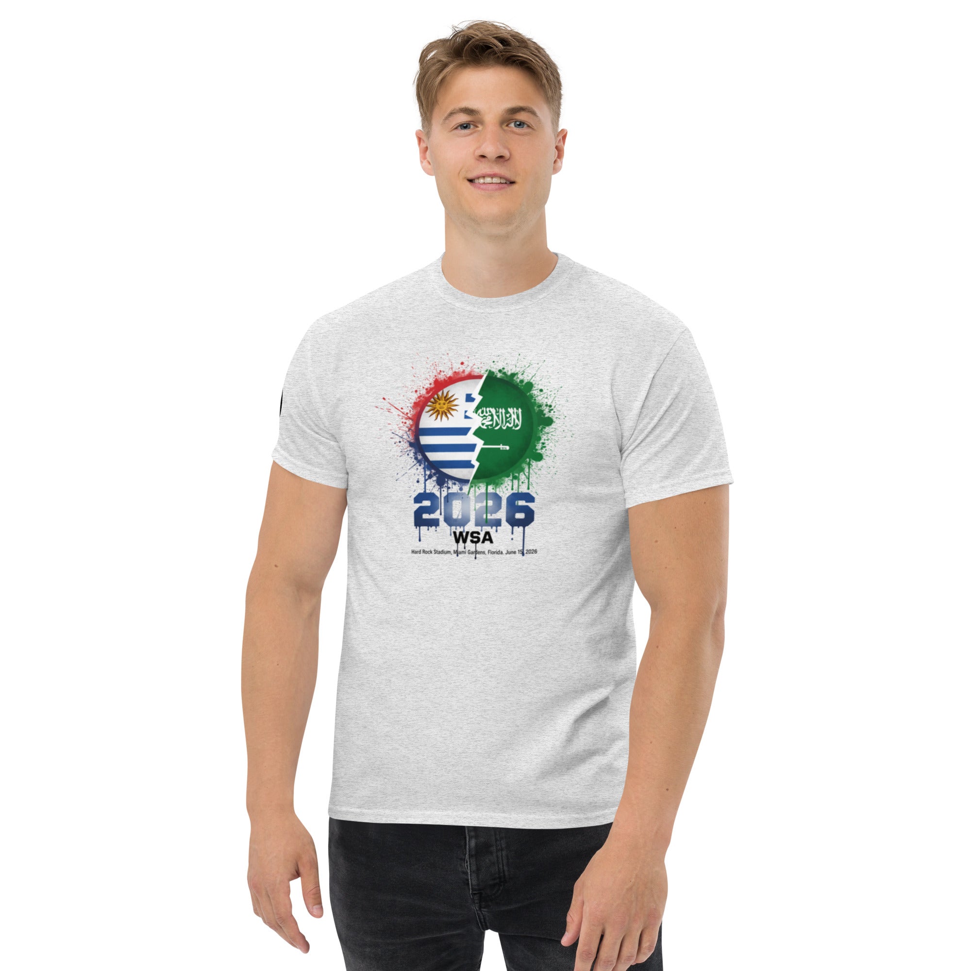Person wearing a white t-shirt with a colorful design on a white background