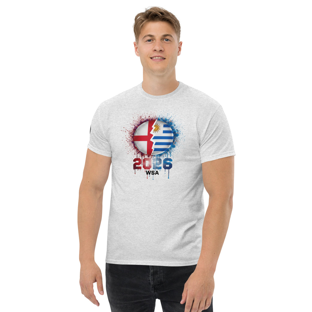 Person wearing a white t-shirt with a colorful design and text on a white background