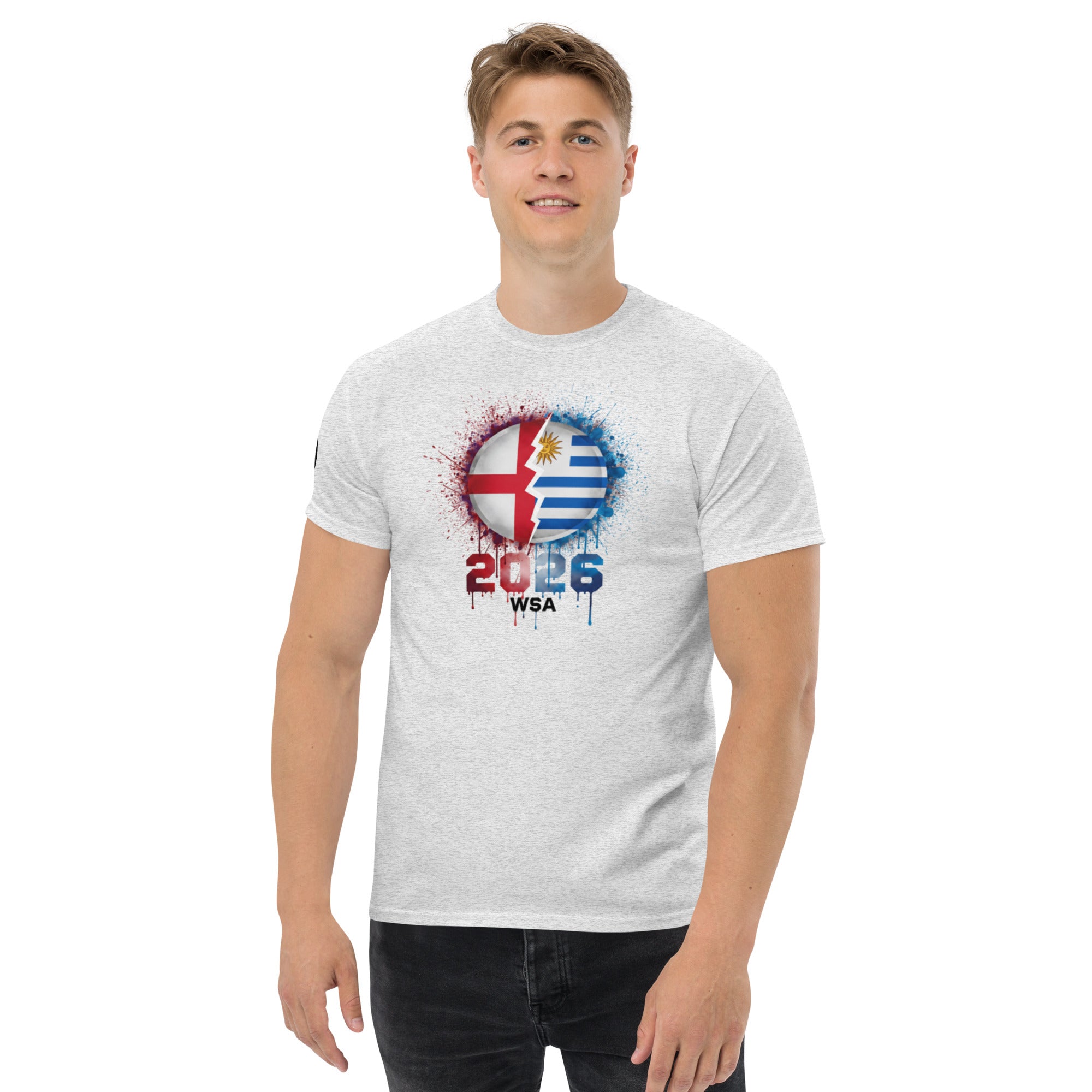 Person wearing a white t-shirt with a colorful design and text on a white background