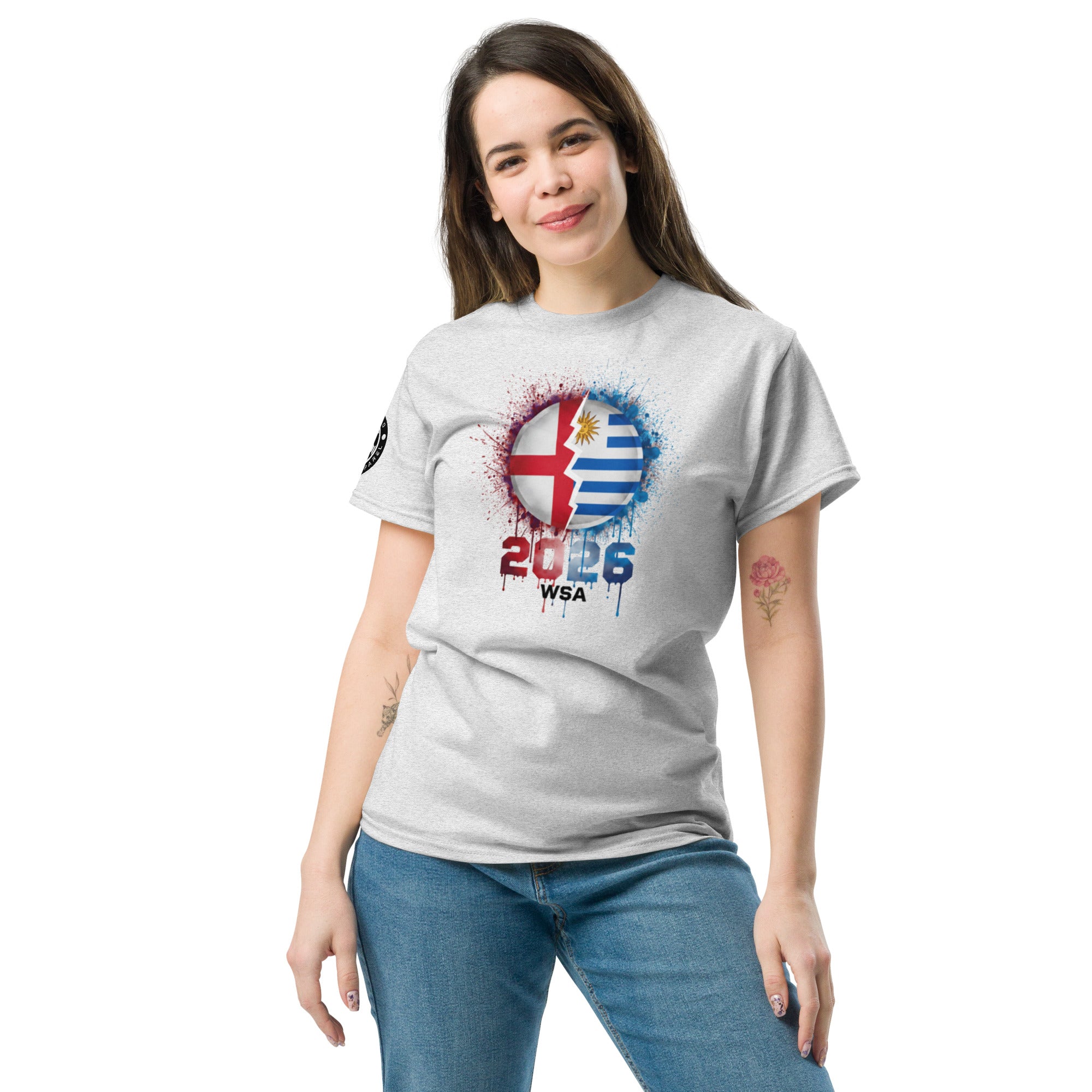 Woman wearing a white t-shirt with a colorful design and text on a white background