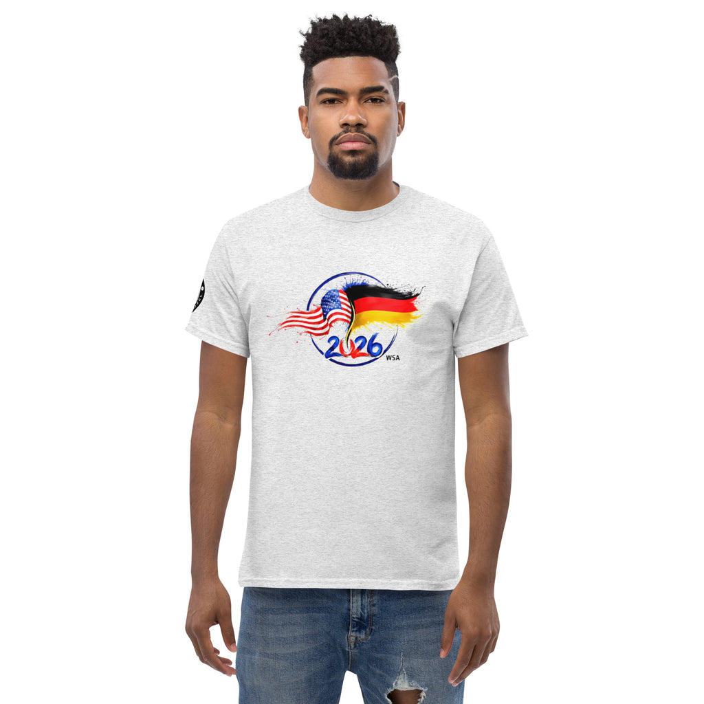 Man wearing a white t-shirt with a colorful graphic design on a white background