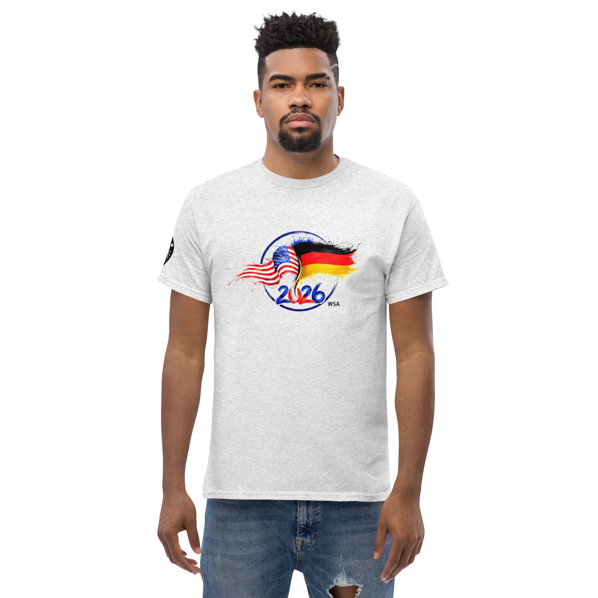 Man wearing a white t-shirt with a colorful graphic design on a white background
