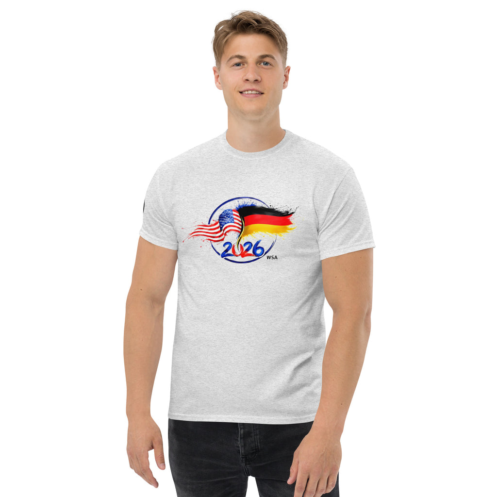 Person wearing a gray t-shirt with a graphic design on a white background