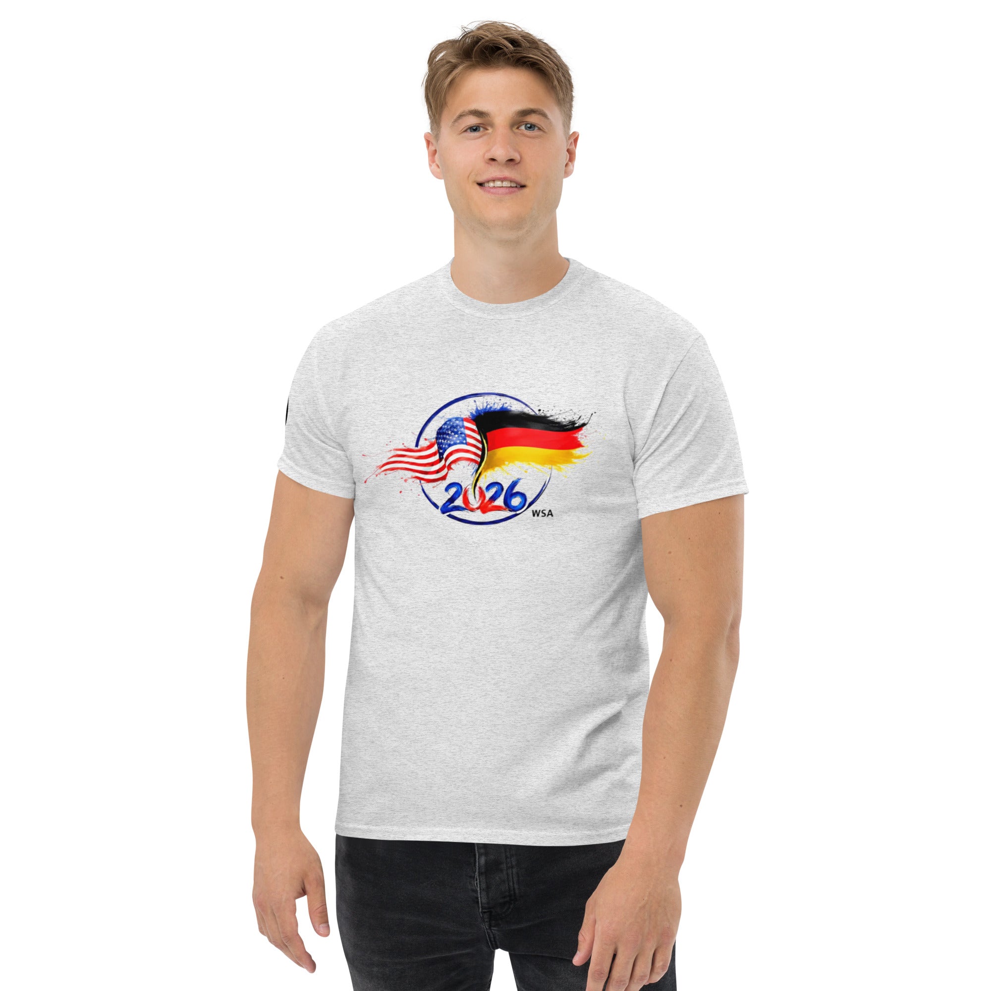 Person wearing a gray t-shirt with a graphic design on a white background