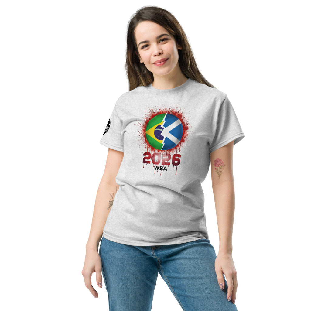 Woman wearing a white t-shirt with a colorful design and text on a white background