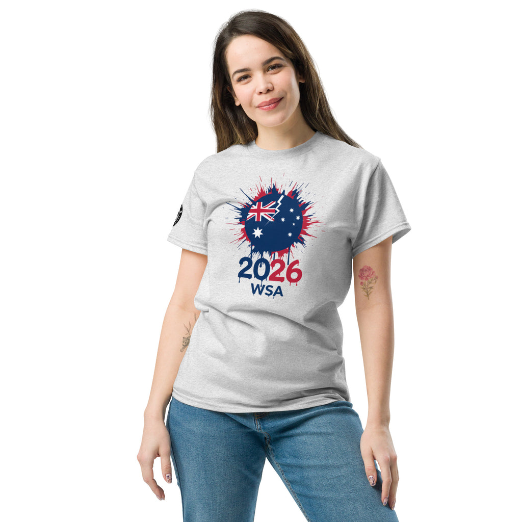 Woman wearing a gray t-shirt with 2026 WSA design on a white background
