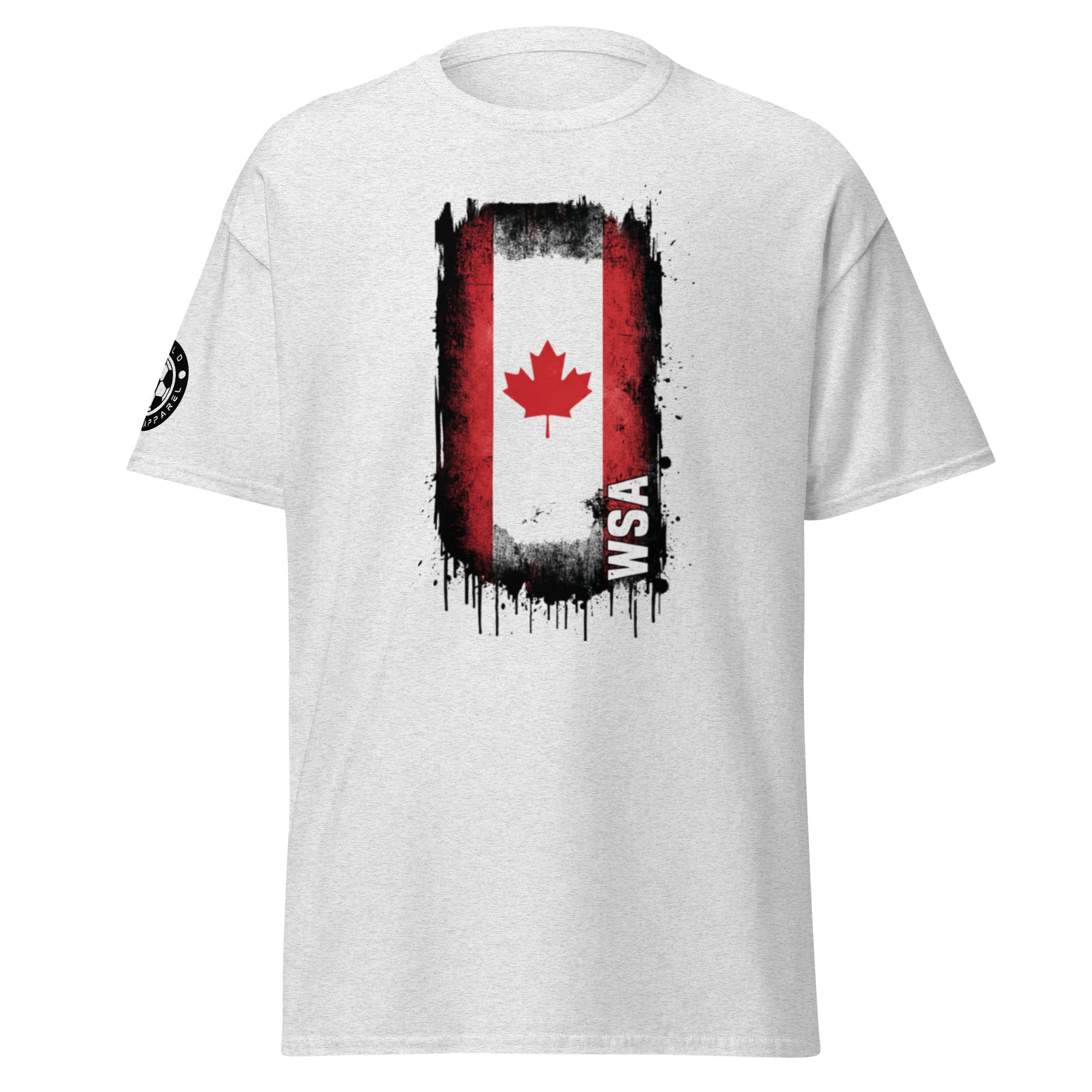 White t-shirt with a graphic design featuring a red maple leaf and text on a white background