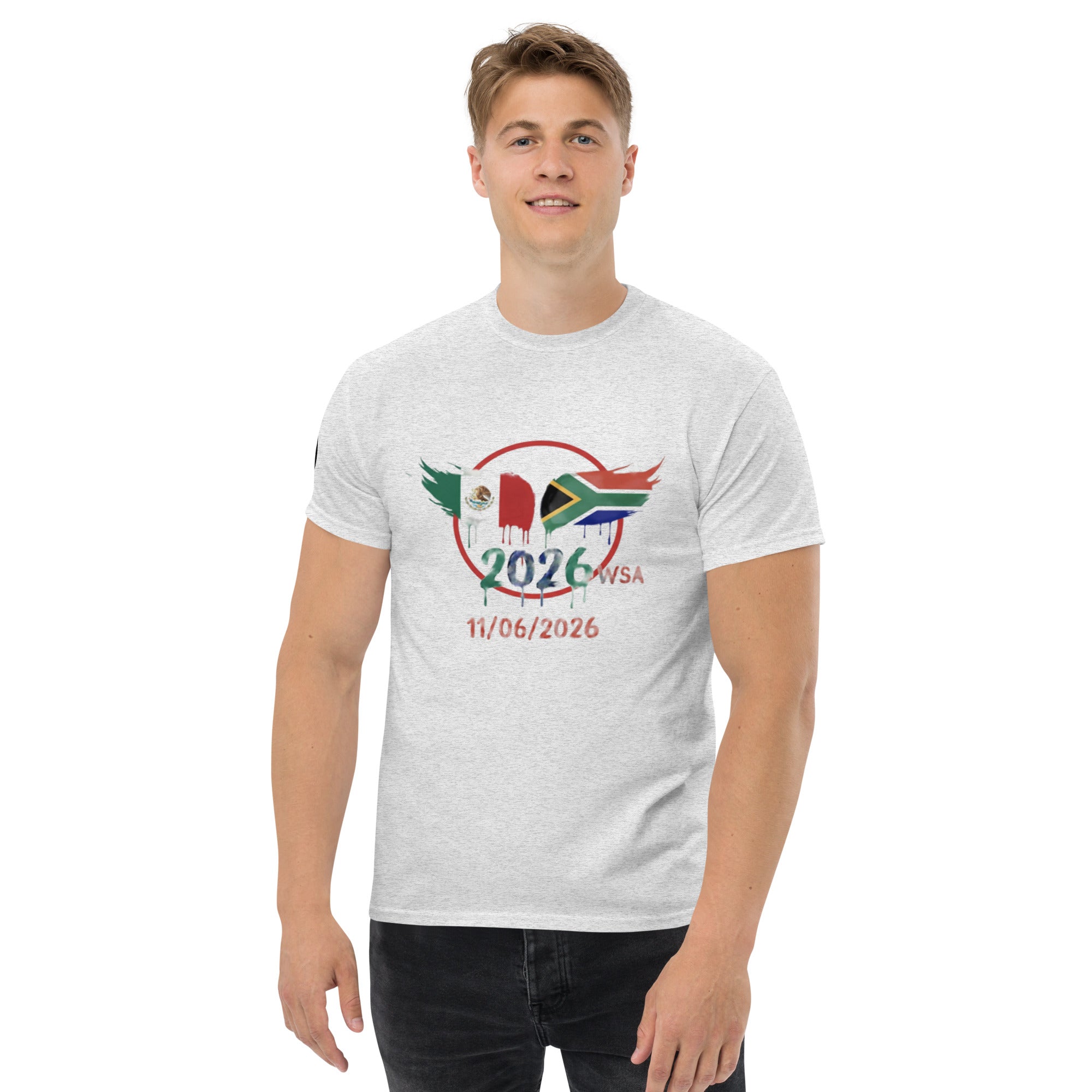 Person wearing a gray t-shirt with a graphic design on a white background