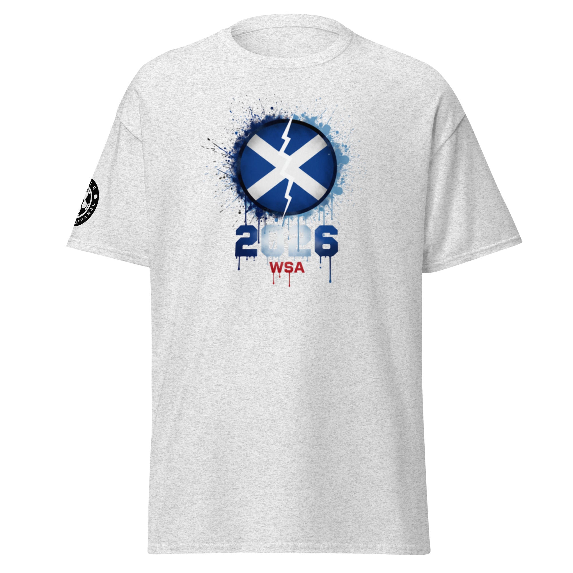 White t-shirt with a blue and white design featuring the number 2006 on a white background