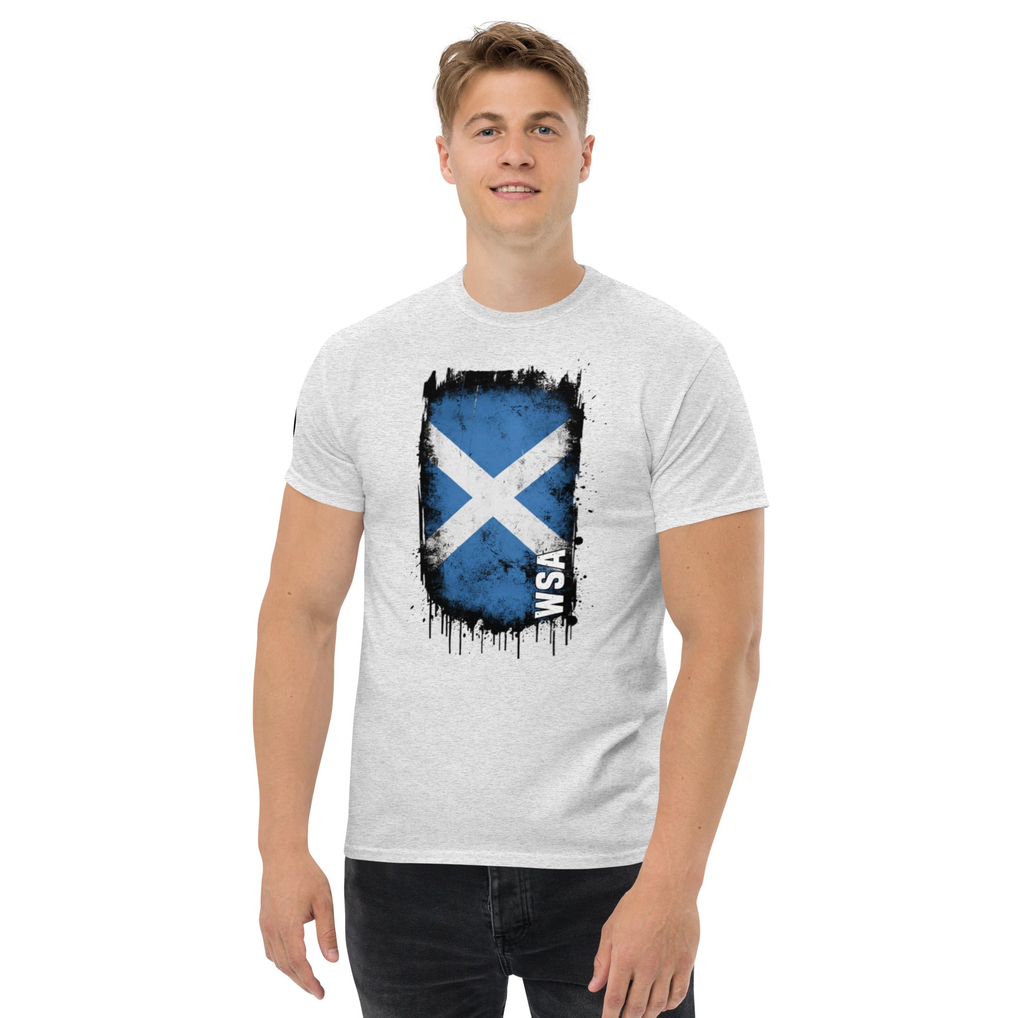 Man wearing a white t-shirt with a blue and black flag design on a white background