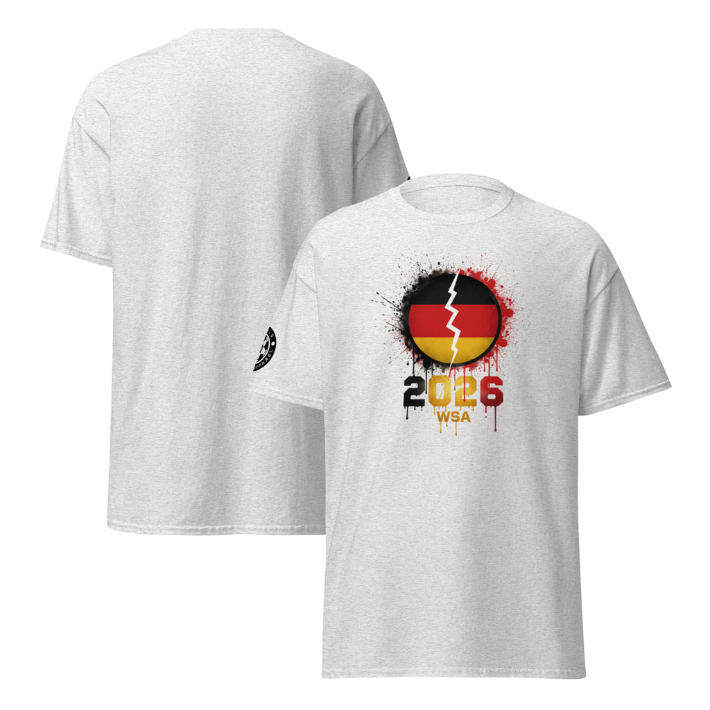 White t-shirt with a design featuring the number 2026 and text on a white background