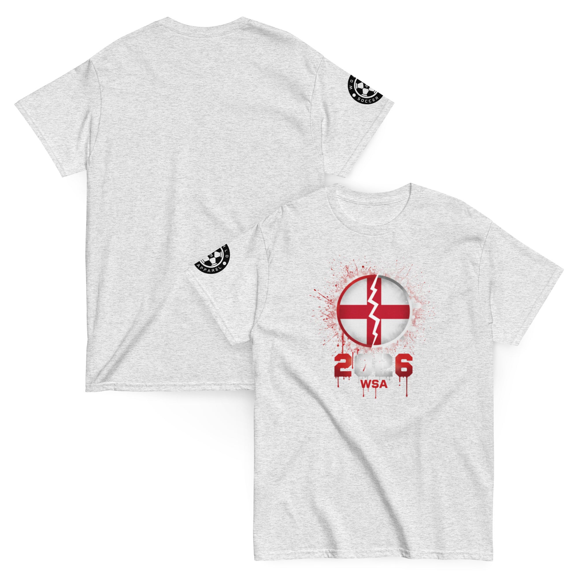 Gray t-shirt with red and white graphic design on a white background