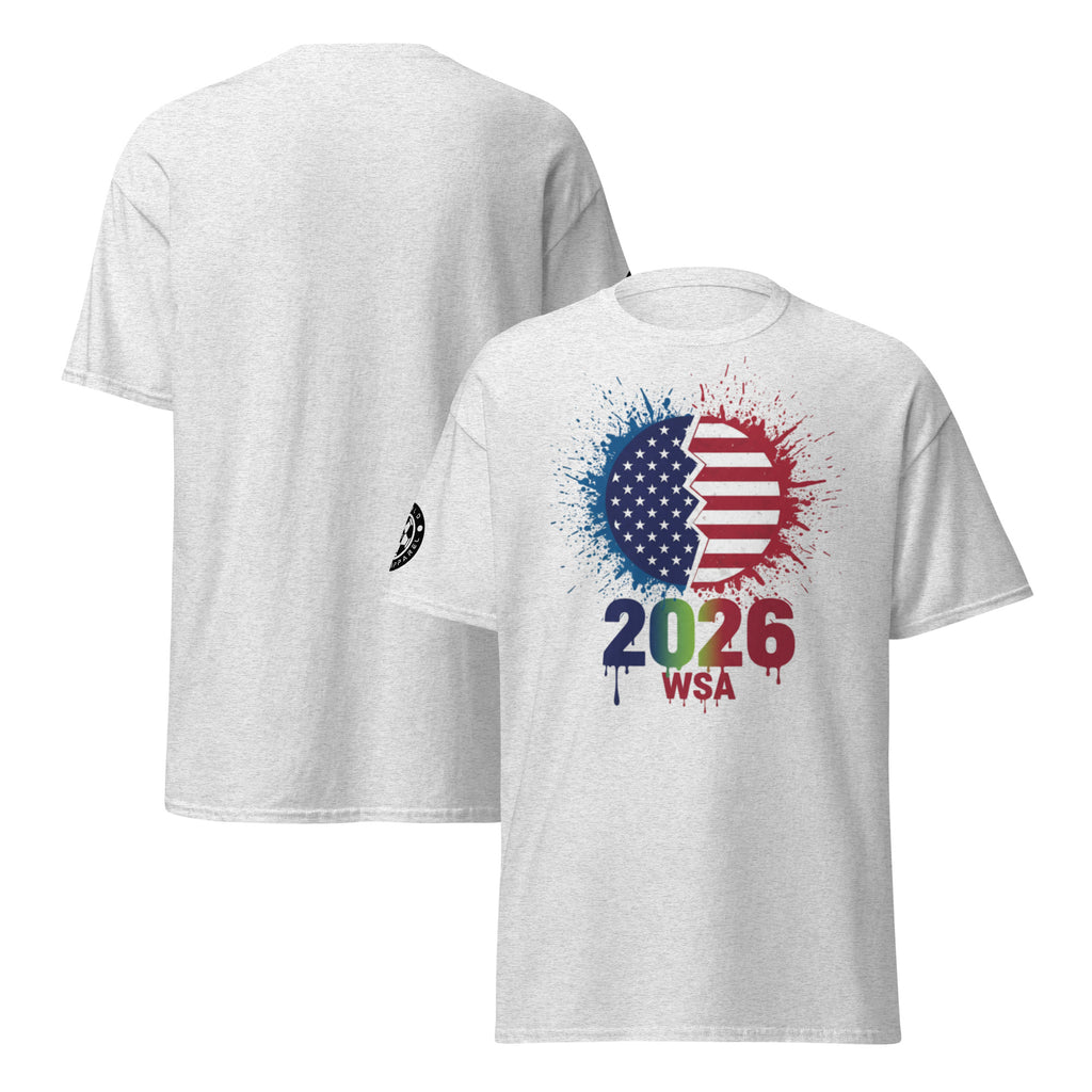 White t-shirt with a design featuring the years 2026 and WSA, displayed on a white background.