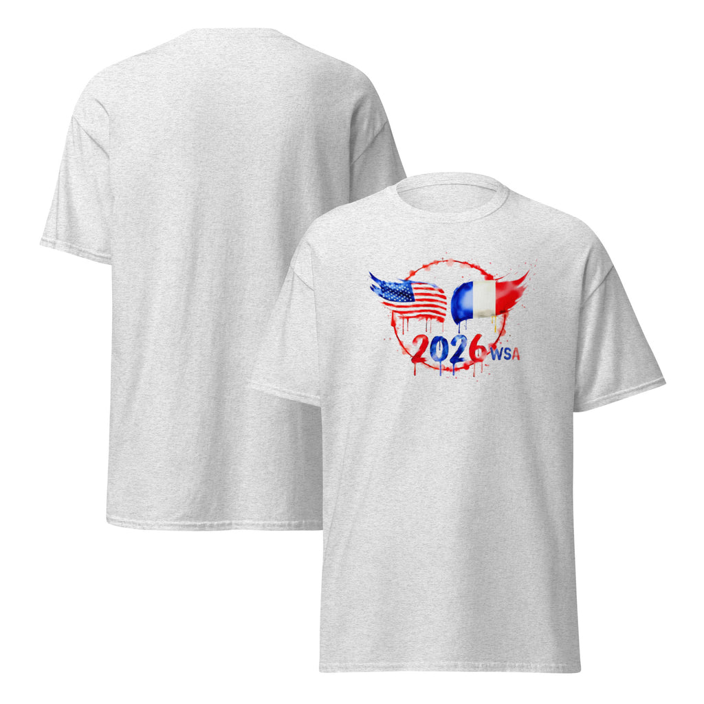 White t-shirt with a graphic design featuring the number 2026 and text on a white background