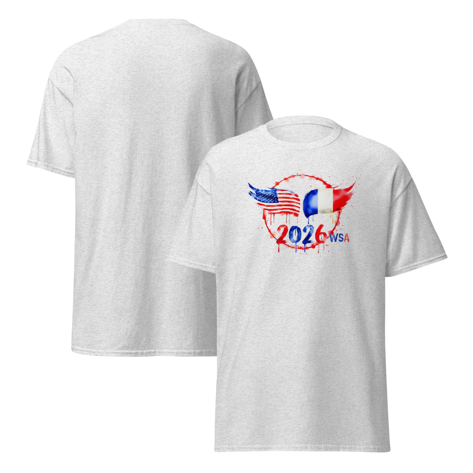 White t-shirt with a graphic design featuring the number 2026 and text on a white background