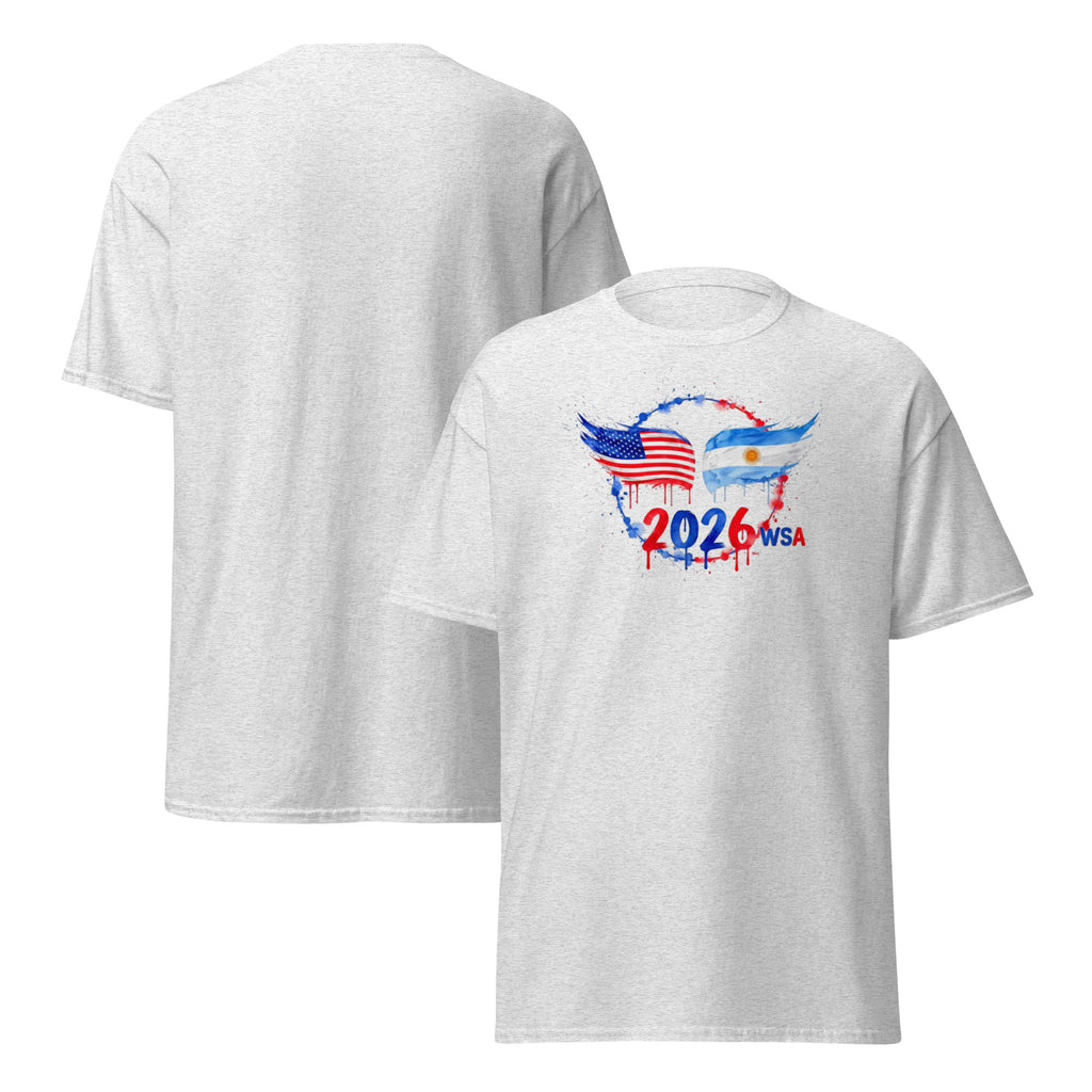 White t-shirt with 2026 WSA design on a white background