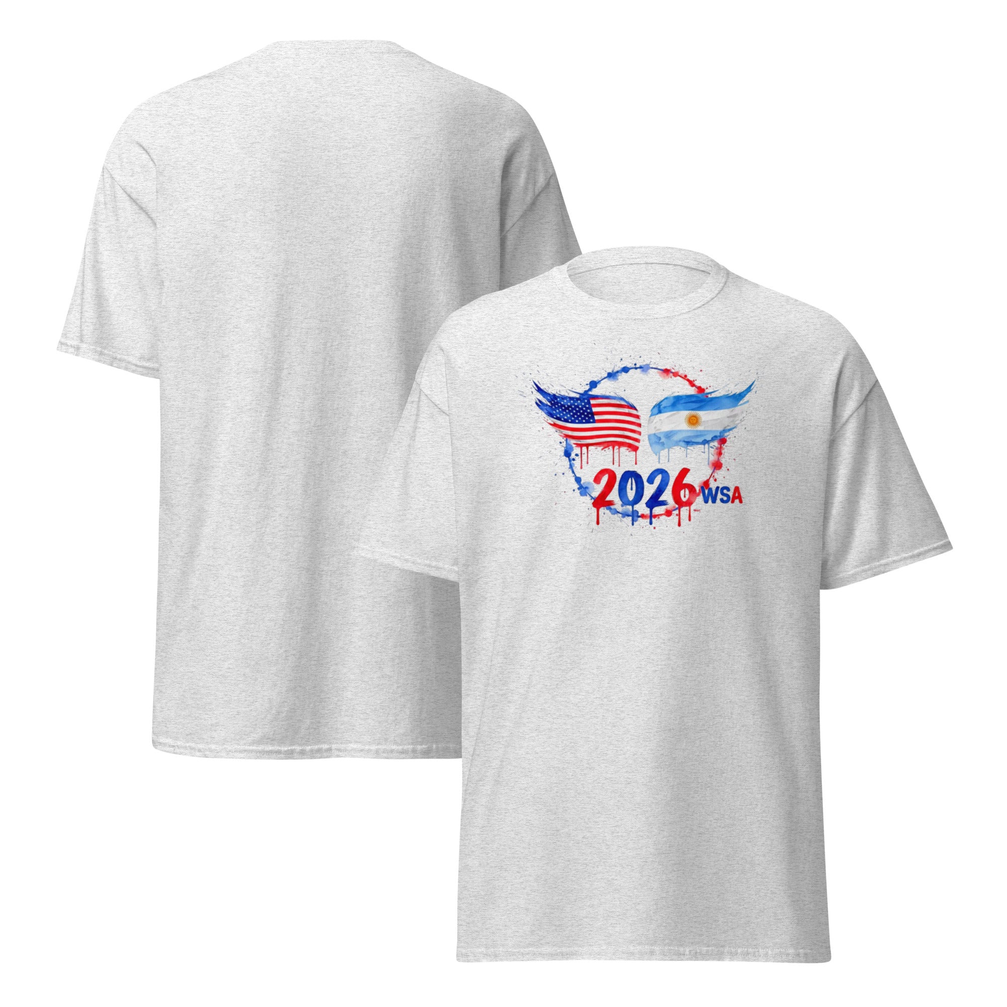 White t-shirt with 2026 WSA design on a white background