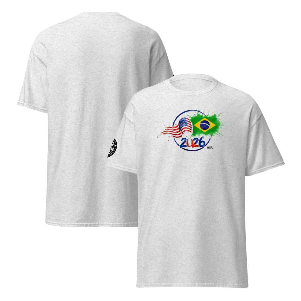 White t-shirt with a design featuring flags and '2026' on a white background