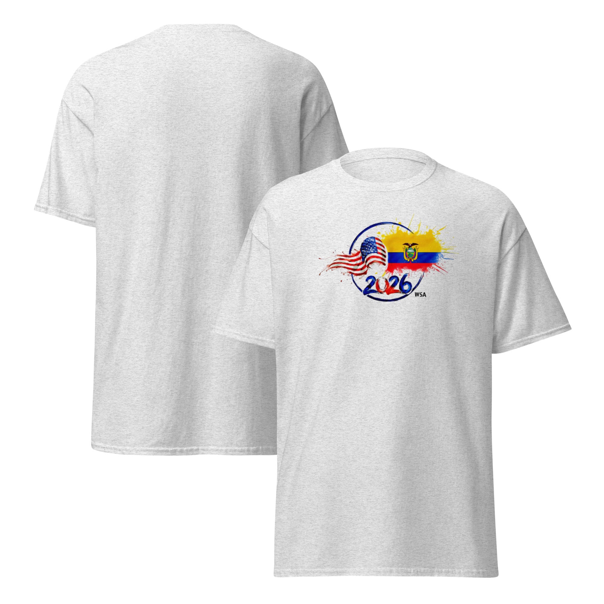 White t-shirt with a graphic design on the front, displayed from both front and back views.