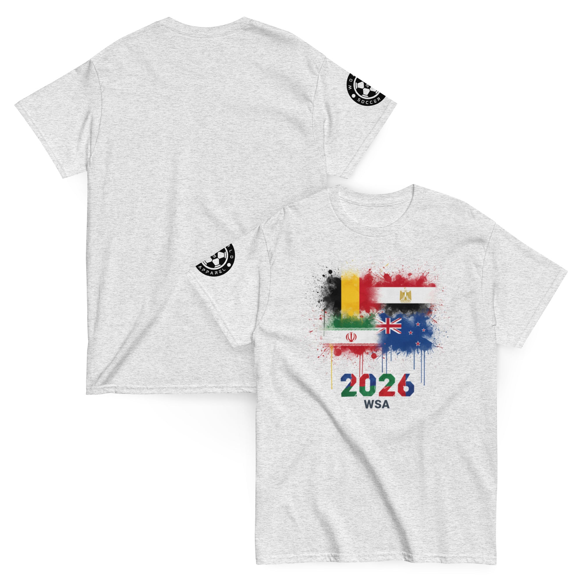 Gray t-shirt with colorful design and text on a white background
