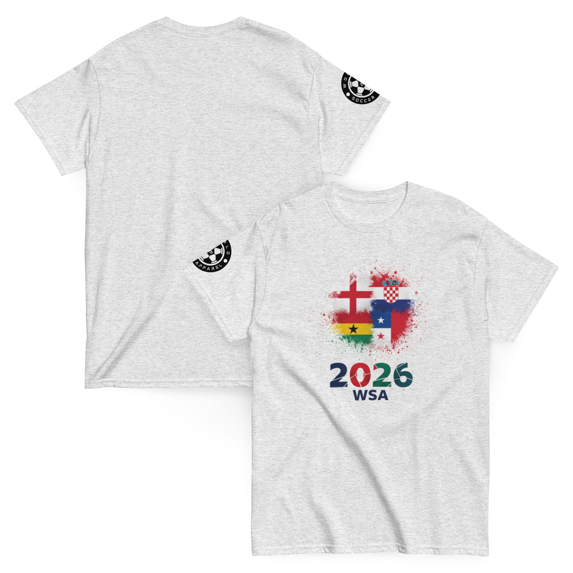 Gray t-shirt with colorful design and text on a white background