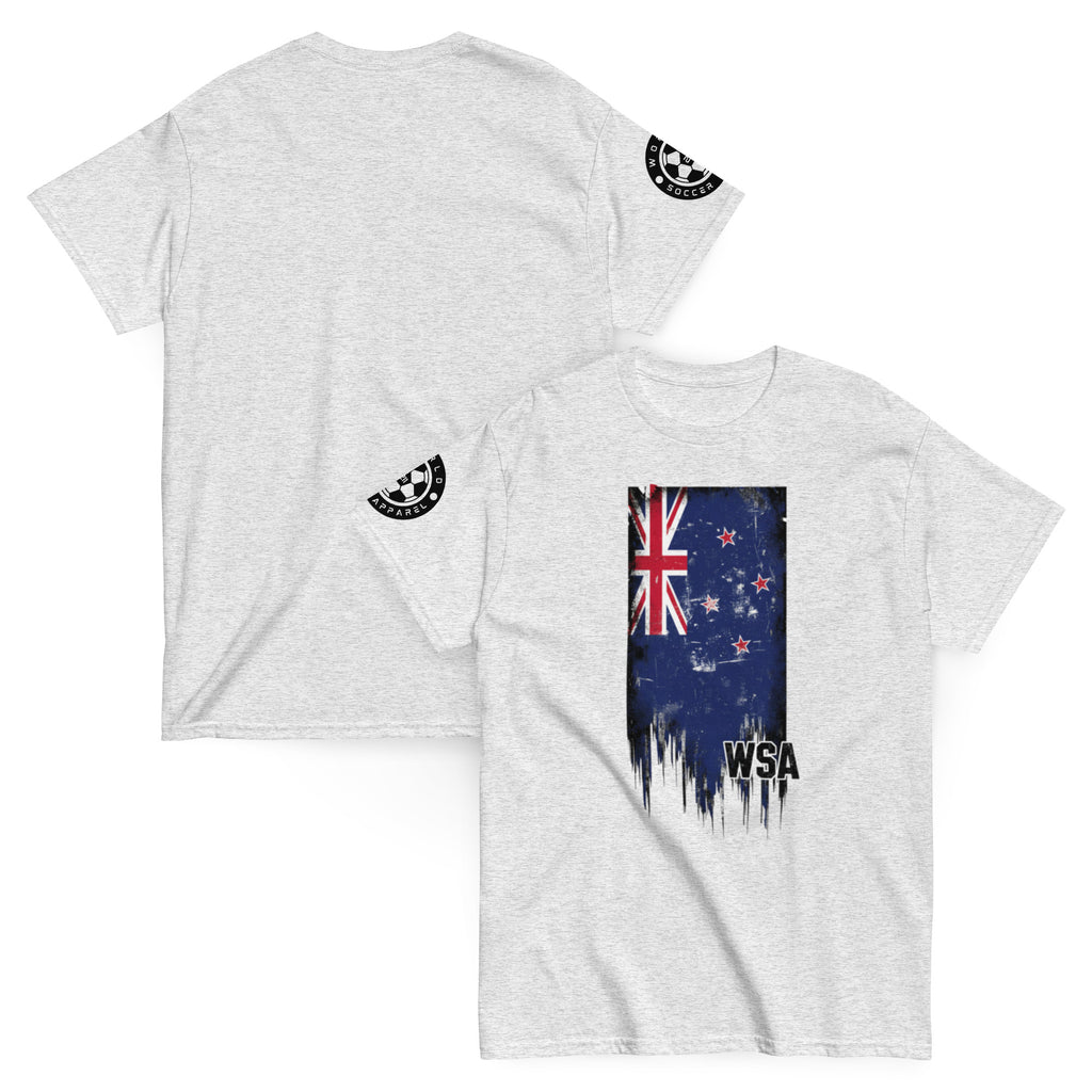 Gray t-shirt with New Zealand flag design on the front and logo on the back