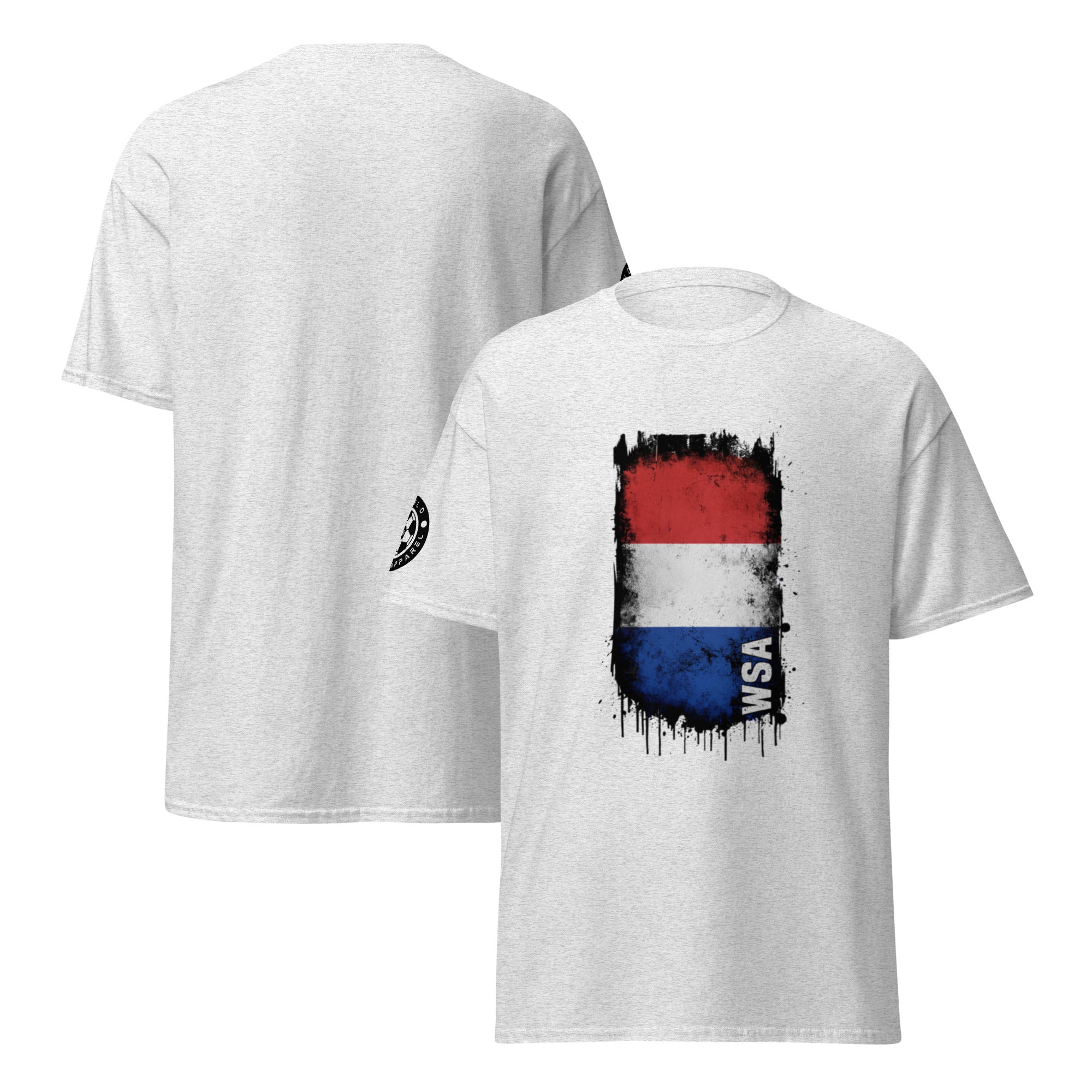 White t-shirt with a colorful graphic design on the front, displayed from both front and back views.