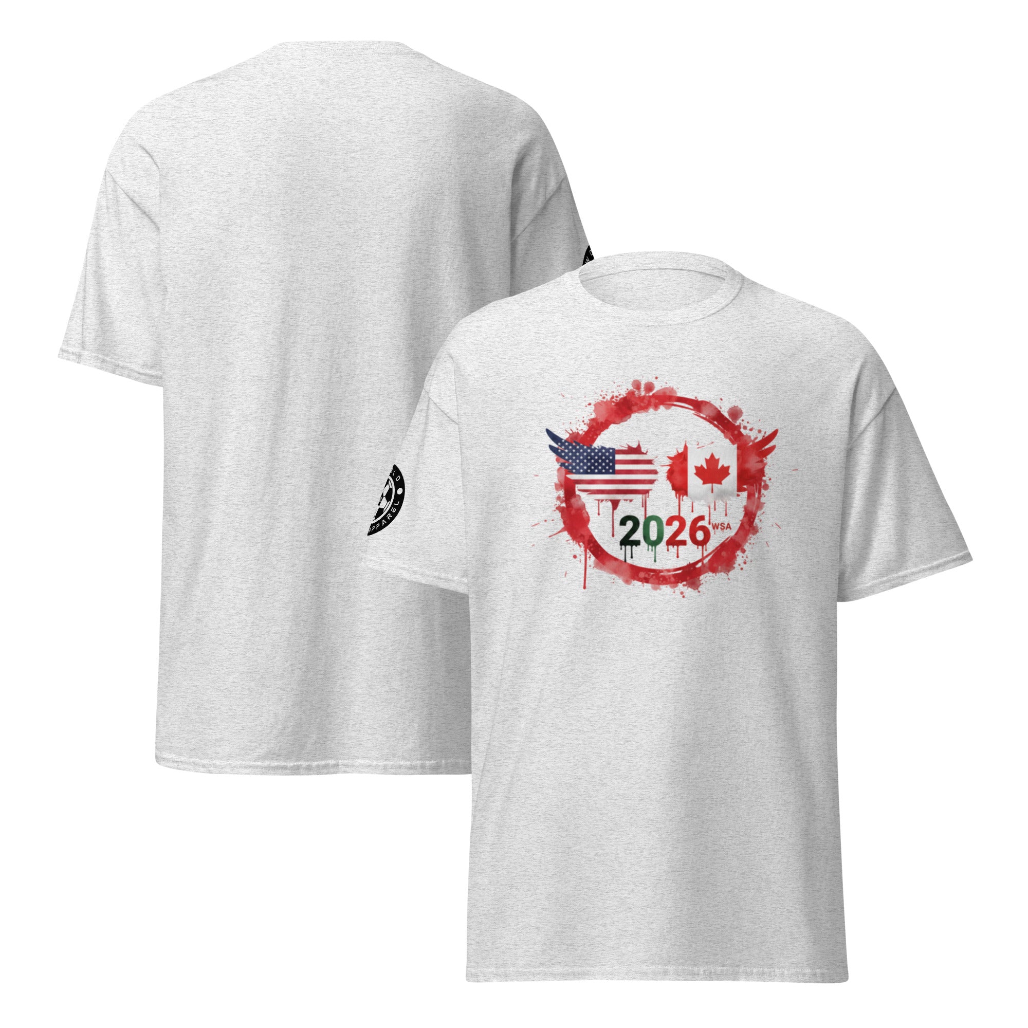 White t-shirt with American and Canadian flag design and '2026' text on a white background