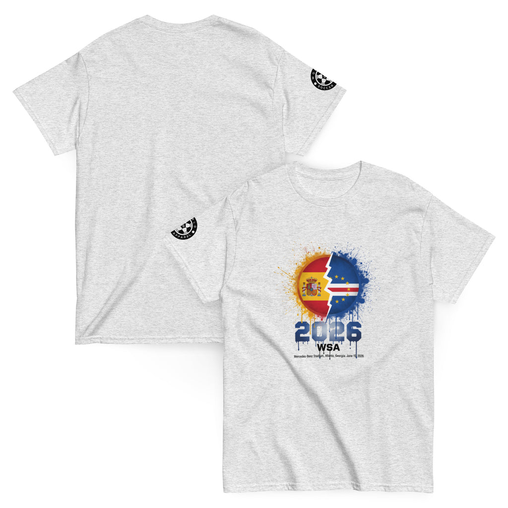 Gray t-shirt with a graphic design on the front and back, featuring a flag and text.