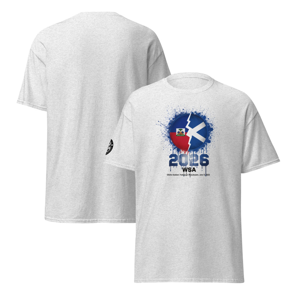 White t-shirt with graphic design and text on a white background