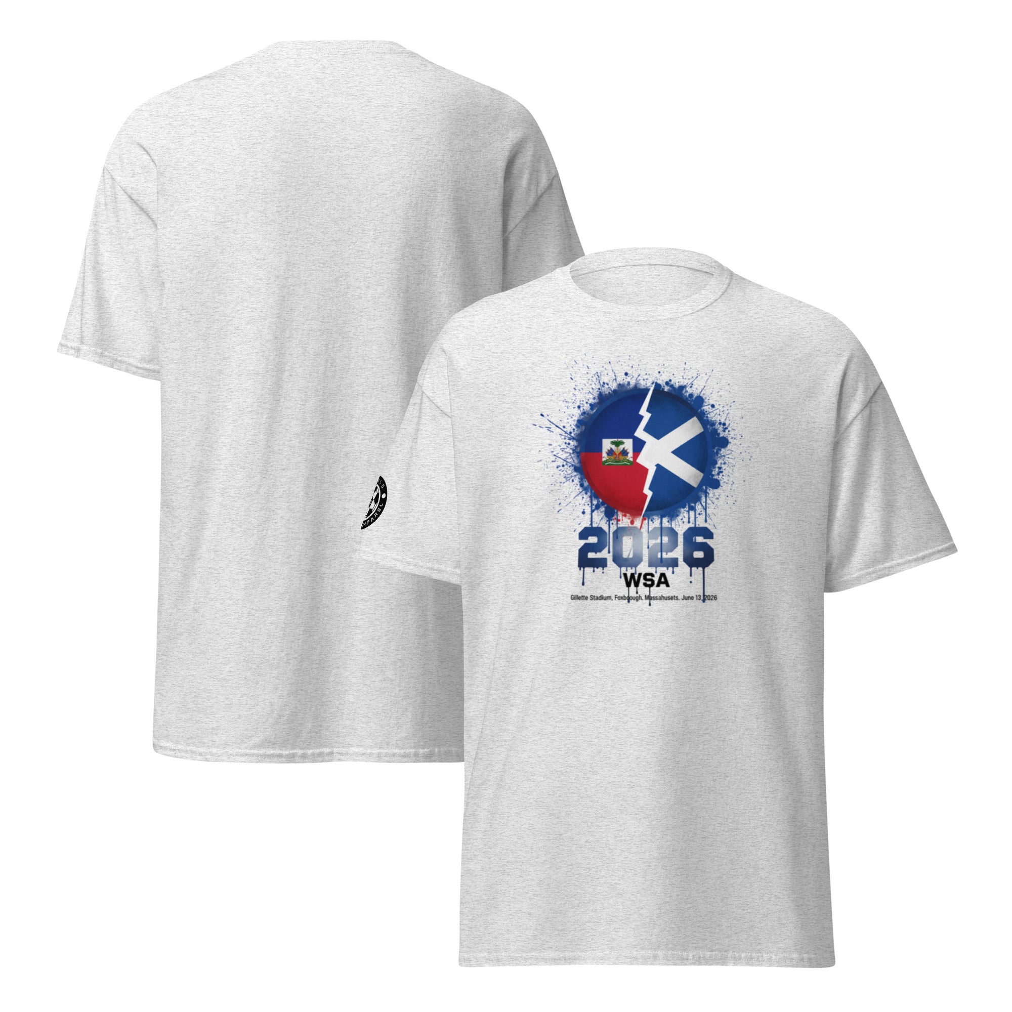 White t-shirt with graphic design and text on a white background