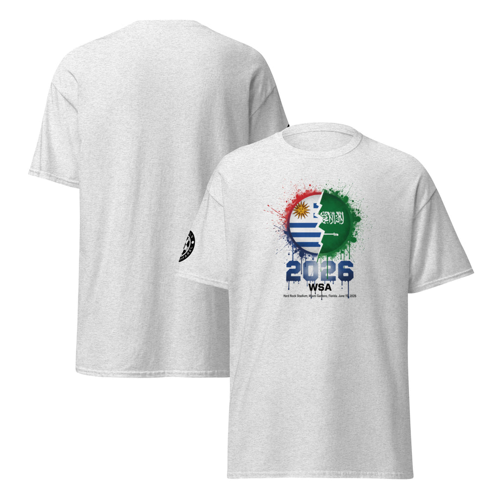 White t-shirt with colorful graphic design on a white background