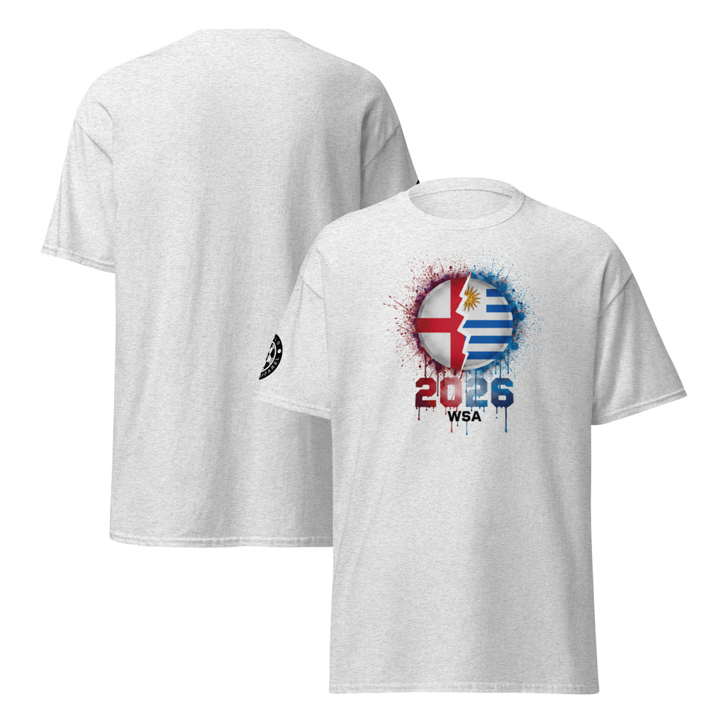 White t-shirt with a colorful design and text on a white background