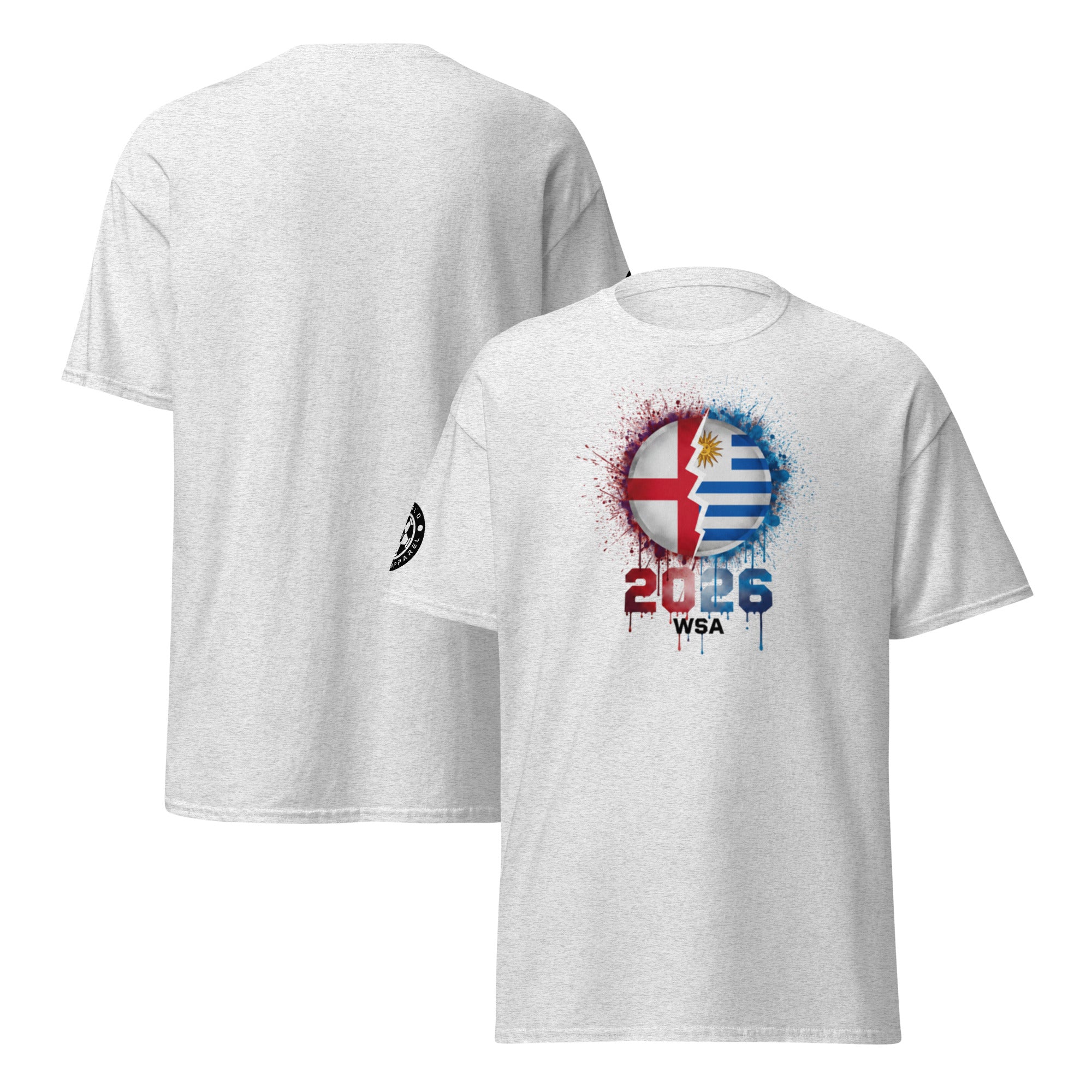 White t-shirt with a colorful design and text on a white background