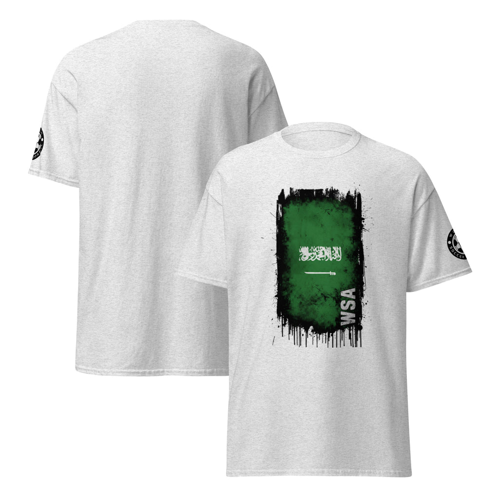 White t-shirt with Saudi Arabia flag design on a white background